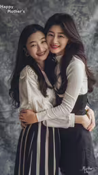 two girls hugging with their arms around each other,two young women hugging each other and smiling