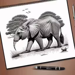 a pencil drawing of an elephant is on display,a black and white photo with a drawing of an elephant and some birds