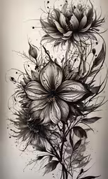 a black and white drawing of a flower,a black and white drawing of flowers on a wall