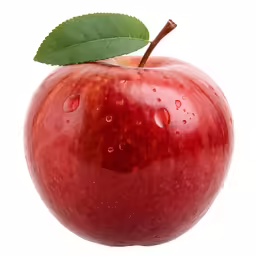 a large red apple with green leaf on the side