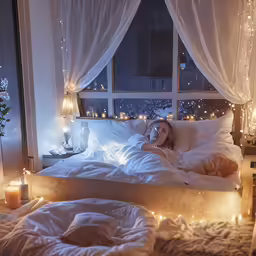 there is a girl sitting in the middle of a bed