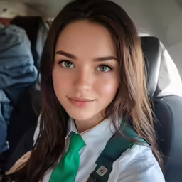 an asian girl with long brown hair and a green tie