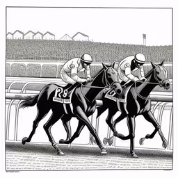 horse race drawing of two horses running with jockeys on their backs,two black horses racing on a track by some grass