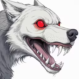 a wolf with red eyes and teeth