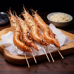several grilled shrimp are sitting on sticks and on wax paper