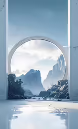 a photograph taken through an open door to a mountain