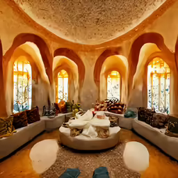 a living room with couches, pillows and decorative art work on the walls