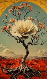 the tree is surrounded by red flowers on a yellow background