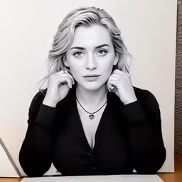 black and white photo of blonde girl with a necklace and black cardigan
