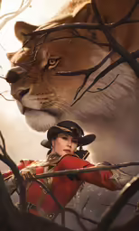 a woman in a red coat and a hat is holding a branch in front of a lion