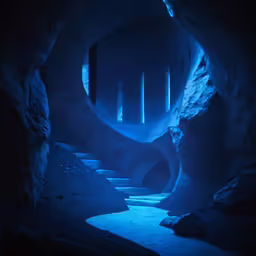 a blue light is shining in an icy cave