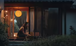 a woman sitting on the steps in front of a window