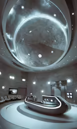 the interior is large and has round ceiling lights