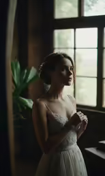 woman in dress looking out window with hands clasped
