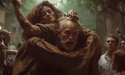 the movie version of the hobbg is being shown with two women and a man hugging