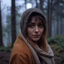 young woman in a hoodie stands in the middle of the woods