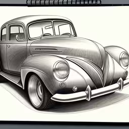 a drawing of an oldtime bug with a black background,a drawing of a car on a notepad