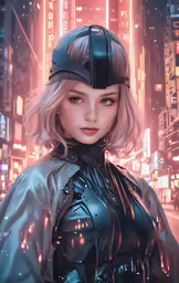a beautiful young lady in the city wearing a futuristic hat and leather coat