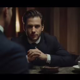 man sitting at a table with coffee in front of him
