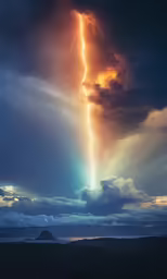 a cloud with a bolt hitting the ground in the background