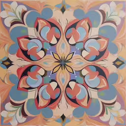 a painting of a flower in orange, yellow, blue and pink,an artistic painting shows flowers and hearts
