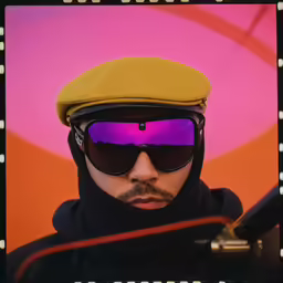 a man in the color of the film with sunglasses and a hat