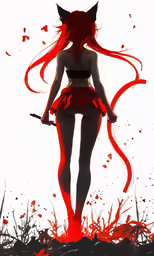 a woman with long red hair in a red outfit holding a sword