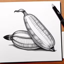 a drawing of three bananas next to a pen