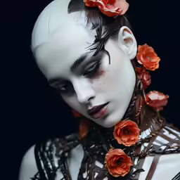 a model with large flowers in her hair
