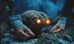 two hands hold out something near the camera and light up orange eyes