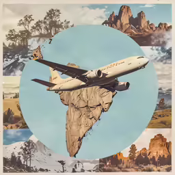 the airplane is flying over a mountain with a picture of other places around it
