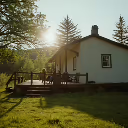 the porch of a house is made with wood