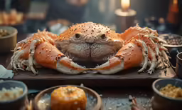a cooked crab in a pan sits on a tray