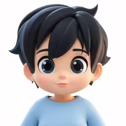 a cartoon boy with large eyes and black hair