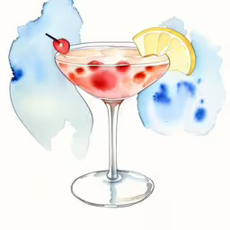 an illustration of a cocktail with orange wedge and cherries,a drawing of a wine glass with a cocktail,watercolor and ink drawing of an alcoholic cocktail,an illustration of a drink on a plate,a wineglass with lemon and garnish sitting in front of the glasses