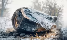 an old burnt piece of metal sitting on the ground