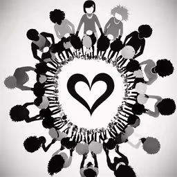 heart shaped crowd with multiple black and white silhouettes,a group of people with a heart on top