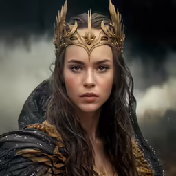 a woman wearing a crown of gold with long brown hair