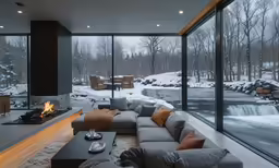 a room with large windows that look into a waterfall