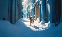 a dog standing on the street in the middle of the snow