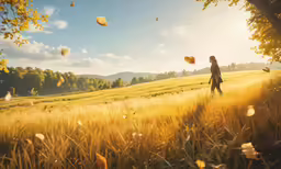 a beautiful young girl flying a kite in a field