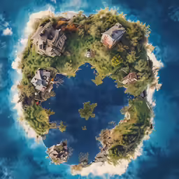 aerial view of an island with houses in the background