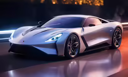 a white sports car with black tires and wheels on a shiny surface