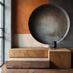 an unusual wall sculpture on a stone step in a room with a big window