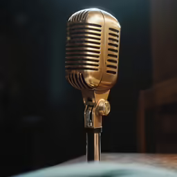 a gold microphone sitting on a desk in front of a chair