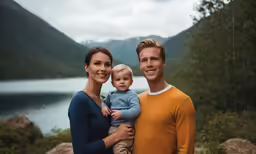 two people holding a child near a body of water