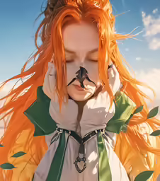 the girl is wearing white and green with orange hair