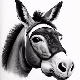 a black and white photo of a horse with ear ring