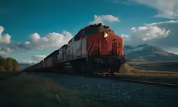 a red train traveling down tracks near mountains