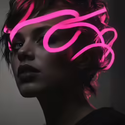 a young woman with dark hair and a pink glow ring in her forehead